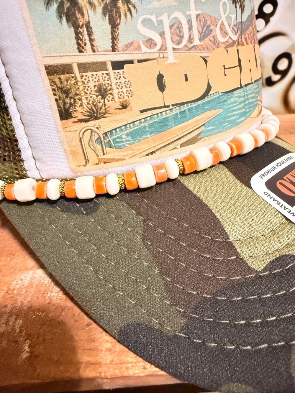 OTTO Camo Trucker Hat with Vintage Pool Graphic and Bead Trim